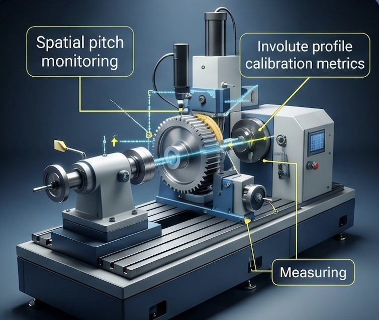 High-precision industrial gear grinding setup showing spatial pitch monitoring and involute profile calibration metrics.